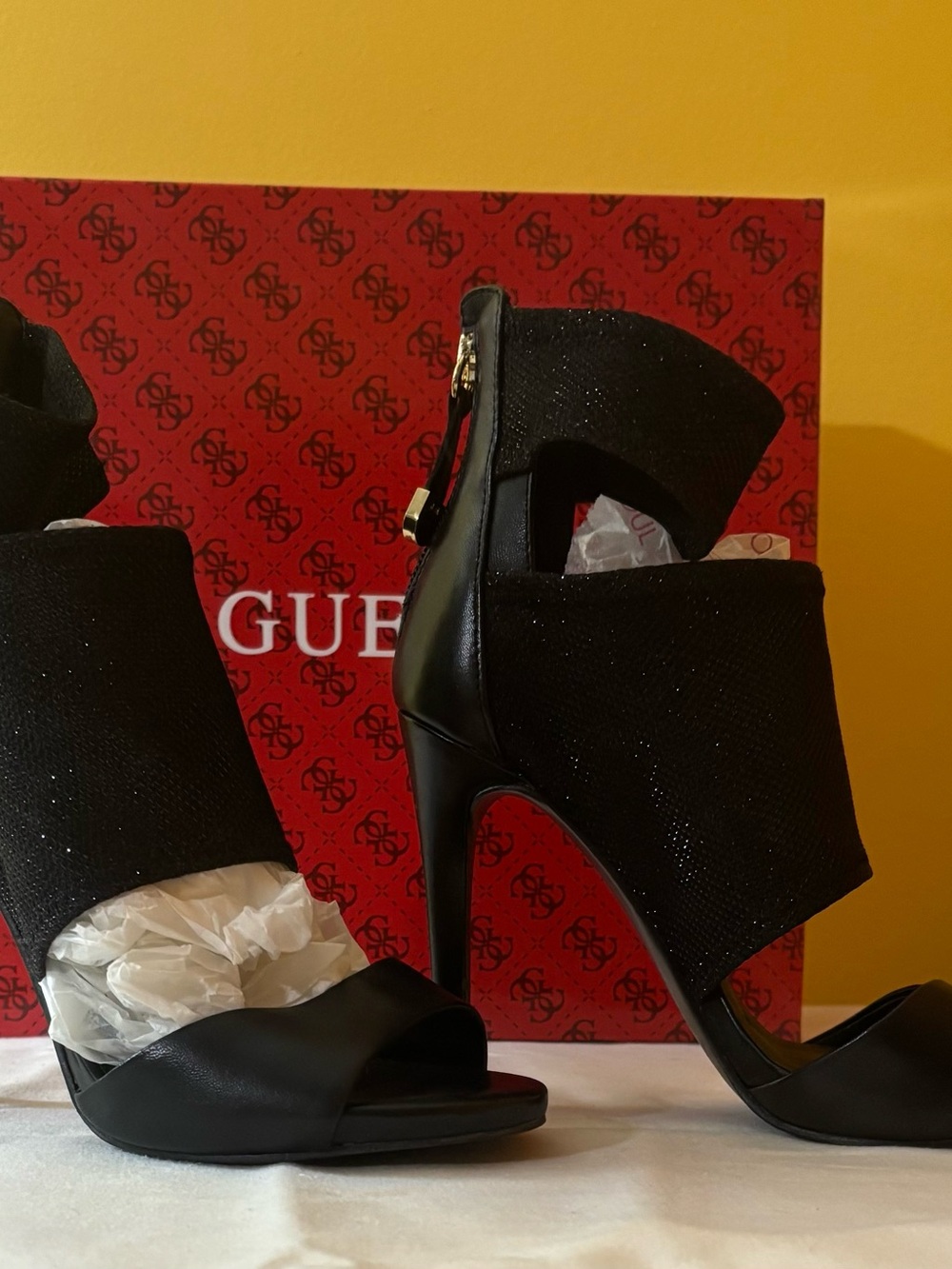 GUESS Black Glitter Stretch Open-Toe Stiletto Sandals